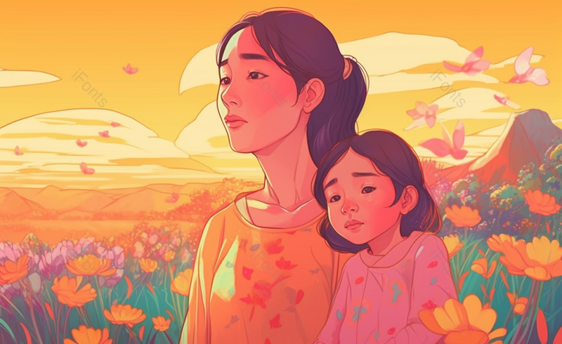 母亲节卡通手绘康乃馨素材夕阳下靠在妈妈身上,插画/手绘图,插画/手绘图库,插画/手绘图下载,插画/手绘